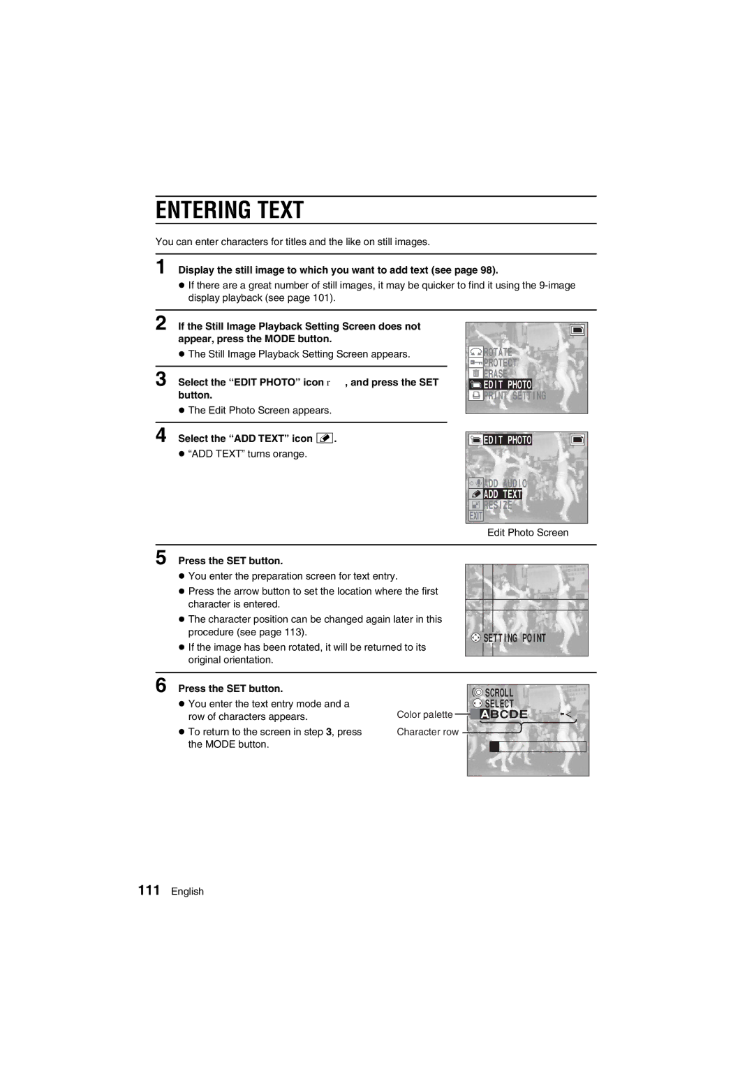 Sanyo VPC-AZ1E instruction manual Entering Text, Edit Photo, ADD Text 