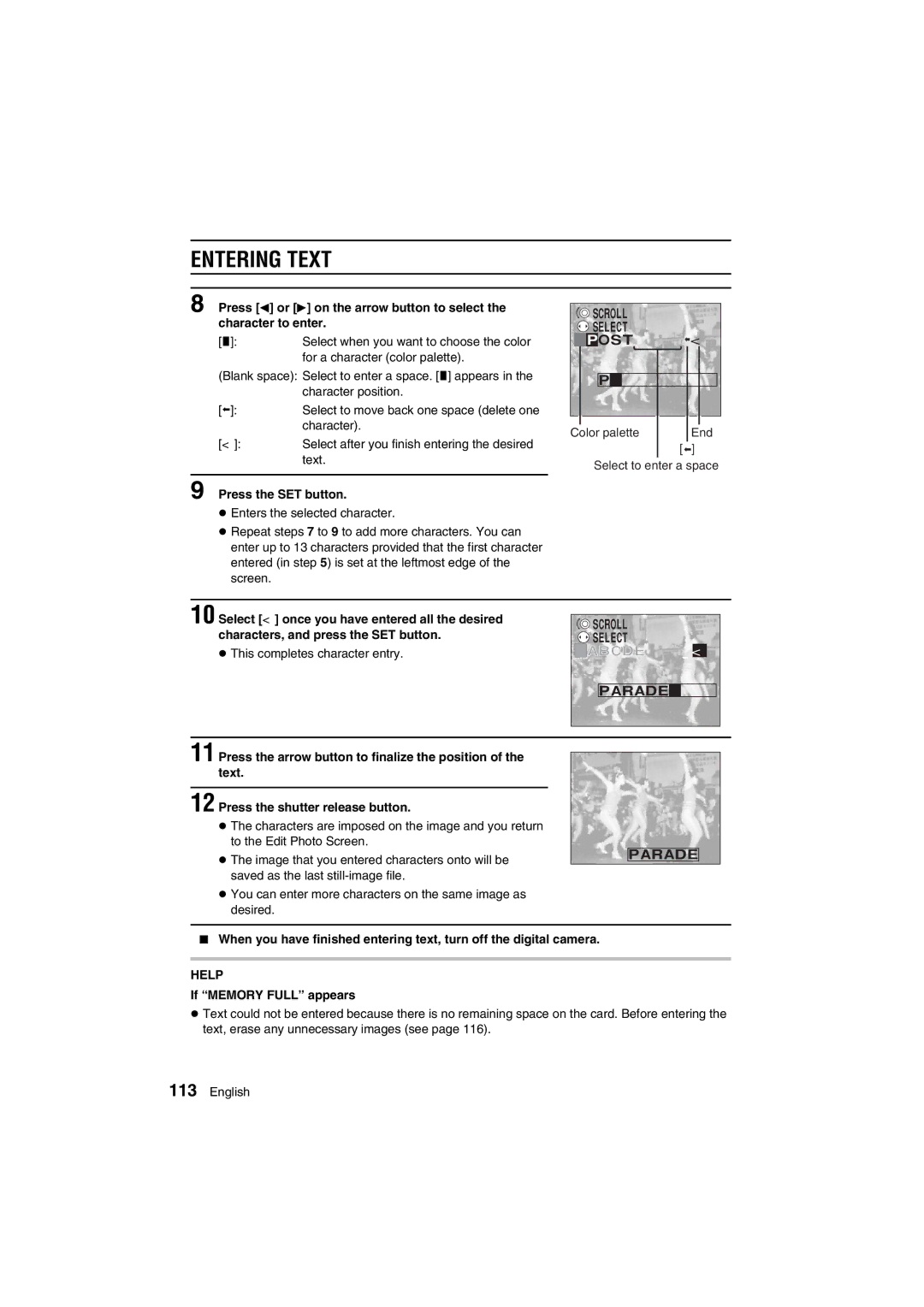 Sanyo VPC-AZ1E instruction manual Entering Text, Parade 