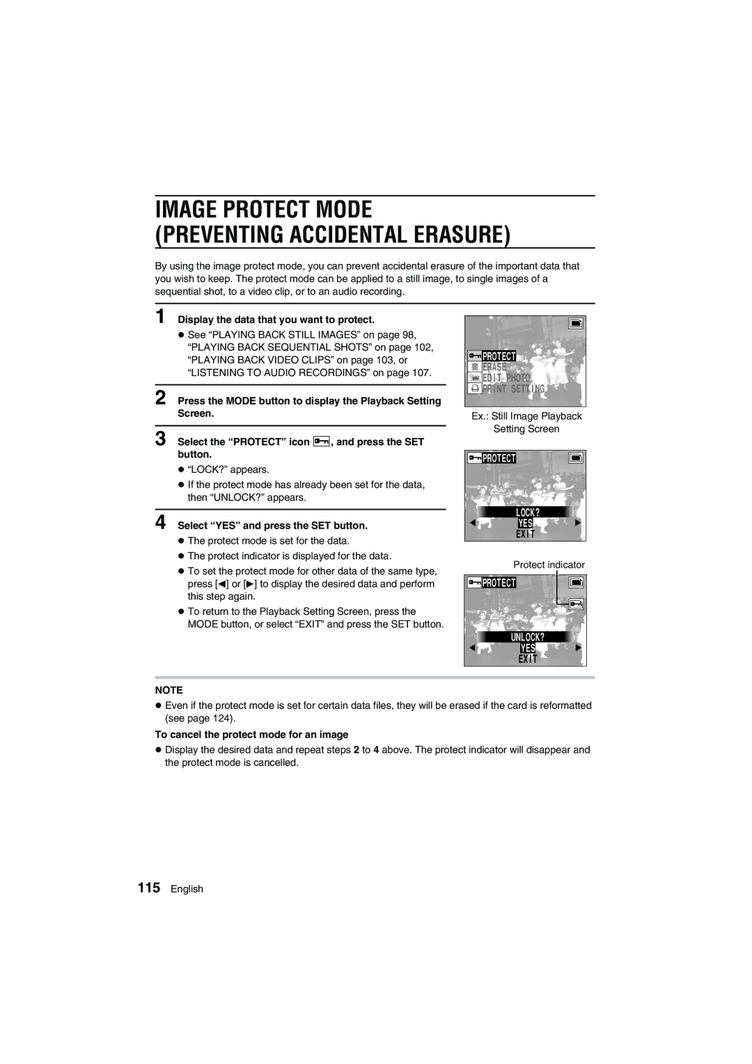 Sanyo VPC-AZ1 Protect UNLOCK? YES, Display the data that you want to protect, Select YES and press the SET button 