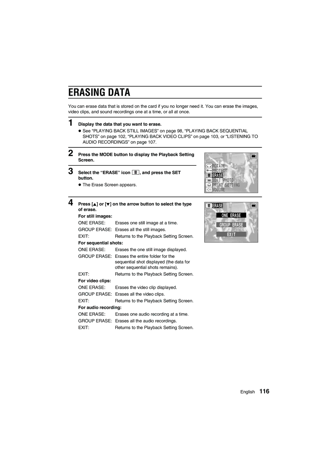 Sanyo VPC-AZ1E instruction manual Erasing Data, Erase ONE Erase Group Erase Exit 