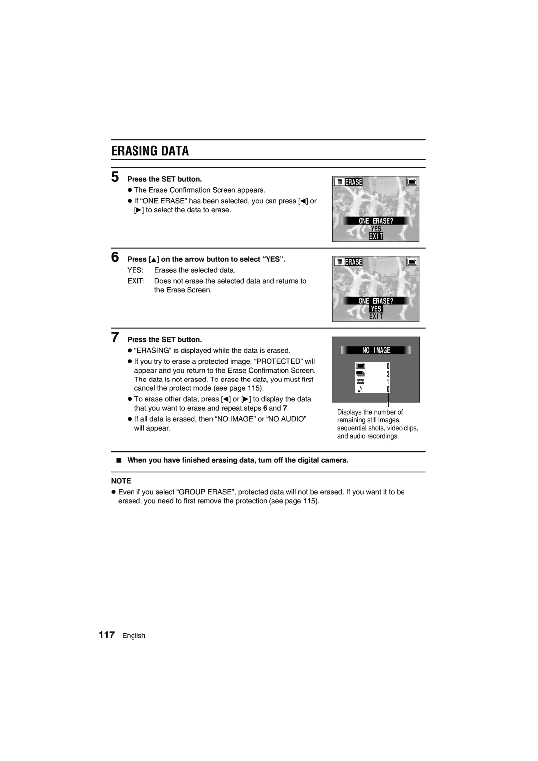 Sanyo VPC-AZ1E Erasing Data, Erase ONE ERASE? YES, No Image, Press j on the arrow button to select YES 