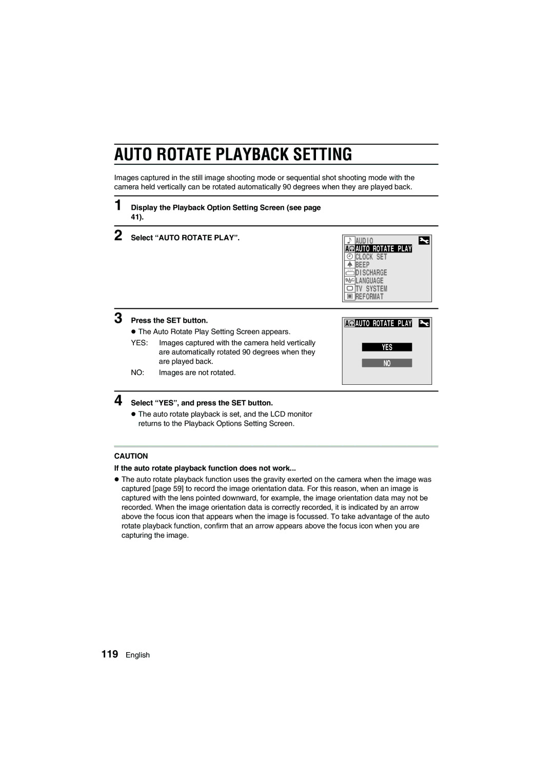 Sanyo VPC-AZ1E instruction manual Auto Rotate Playback Setting, If the auto rotate playback function does not work 