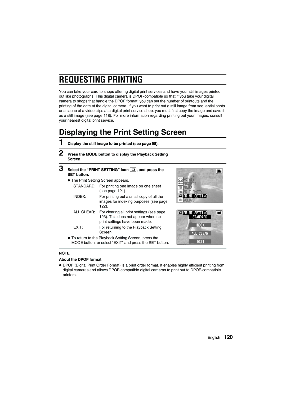 Sanyo VPC-AZ1E Requesting Printing, Displaying the Print Setting Screen, Index ALL Clear Exit, About the Dpof format 