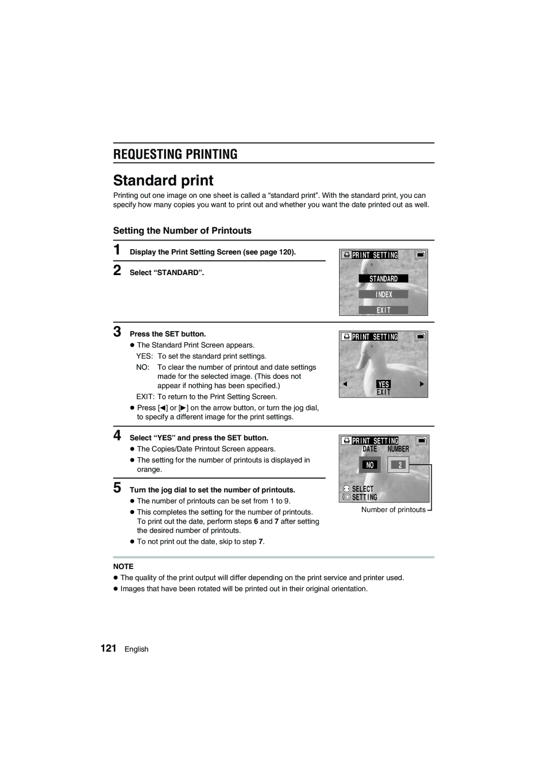 Sanyo VPC-AZ1E instruction manual Standard print, Requesting Printing, Setting the Number of Printouts, Select Setting 