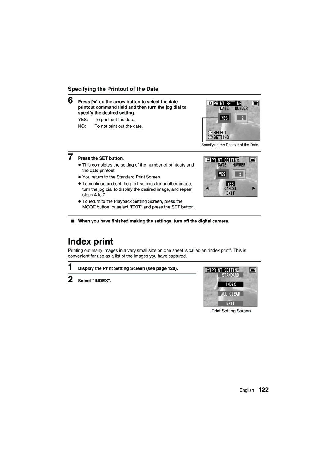 Sanyo VPC-AZ1E Index print, Specifying the Printout of the Date, Date Number, Print Setting Standard Index ALL Clear Exit 