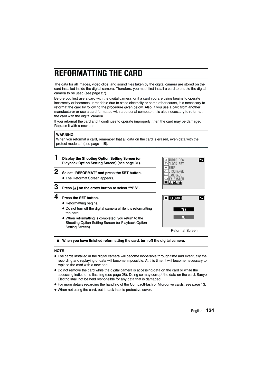 Sanyo VPC-AZ1E instruction manual Reformatting the Card, Select Reformat and press the SET button 