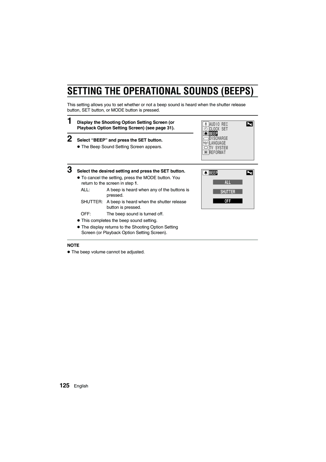 Sanyo VPC-AZ1E Select Beep and press the SET button, Select the desired setting and press the SET button 