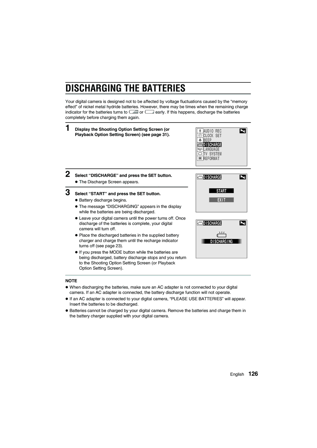 Sanyo VPC-AZ1E instruction manual Discharging the Batteries, Select Discharge and press the SET button 