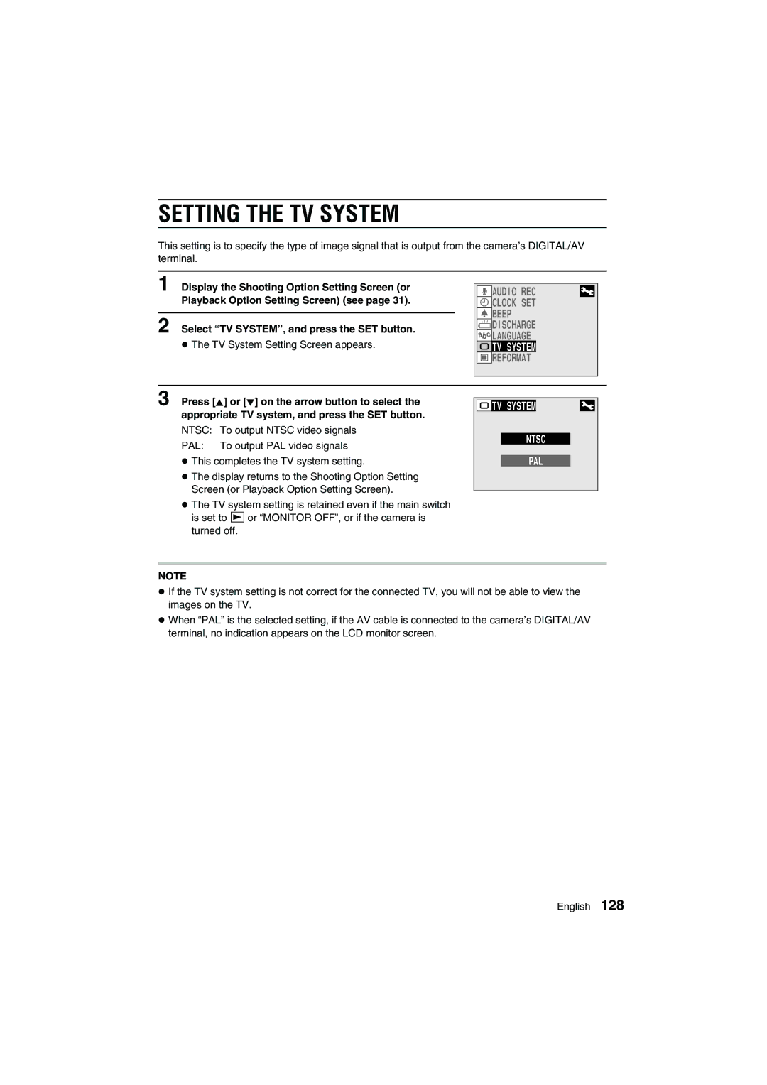 Sanyo VPC-AZ1E instruction manual Setting the TV System, Select TV SYSTEM, and press the SET button 