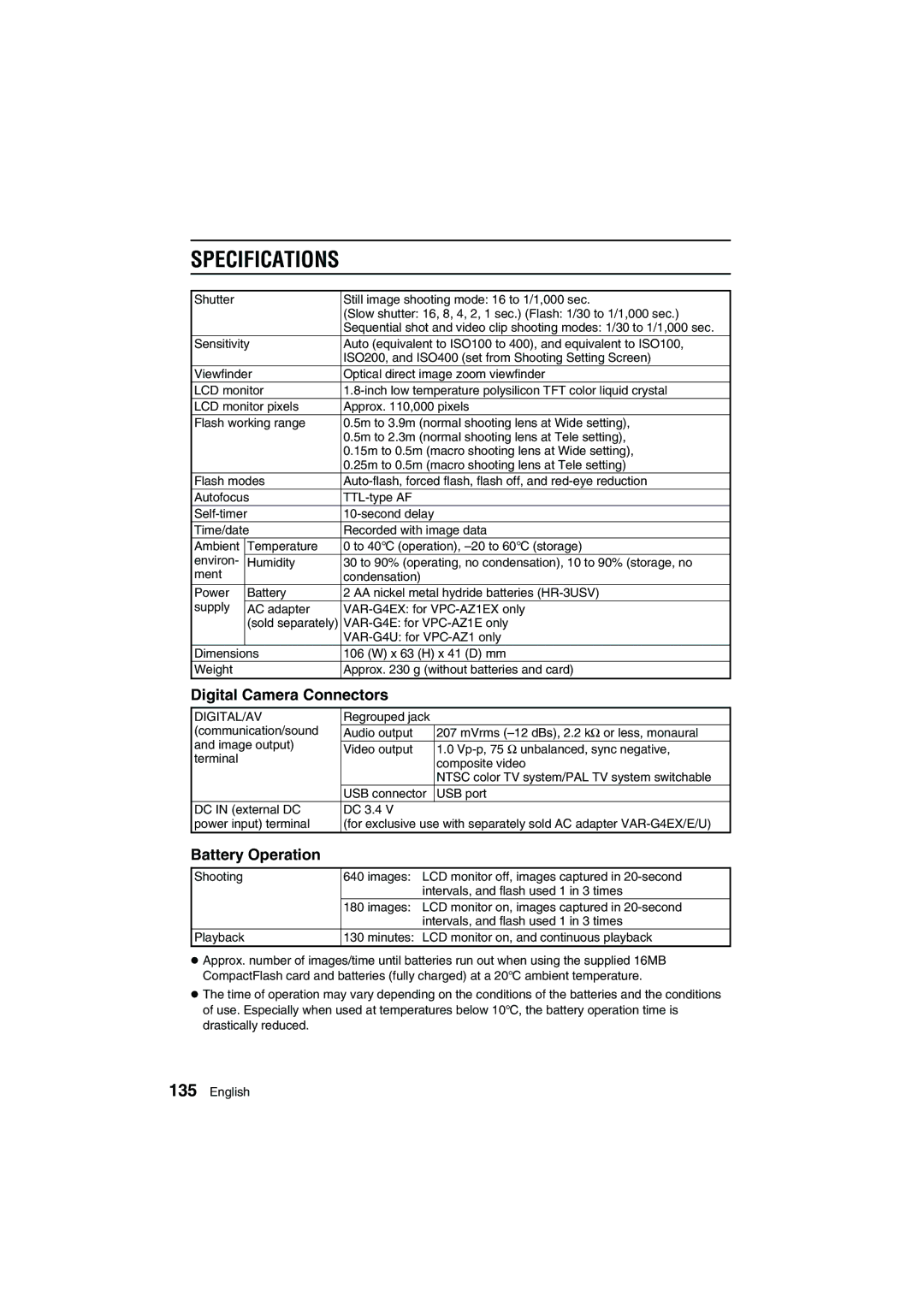 Sanyo VPC-AZ1E instruction manual Specifications, Digital Camera Connectors, Battery Operation 