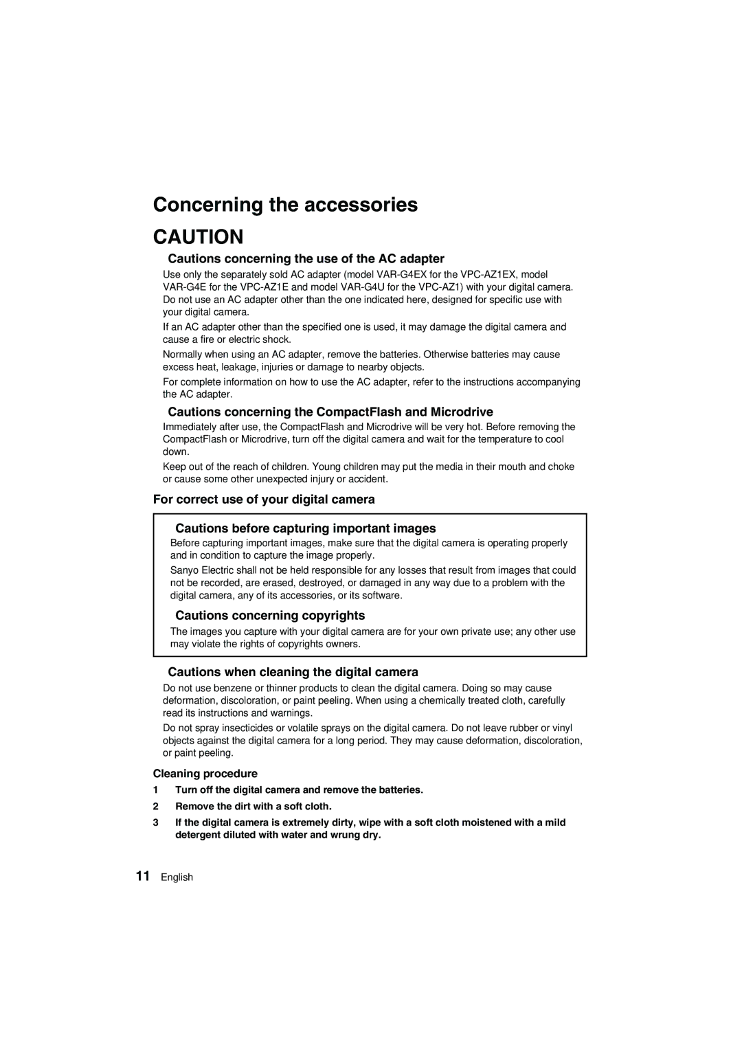 Sanyo VPC-AZ1E instruction manual Concerning the accessories, For correct use of your digital camera 