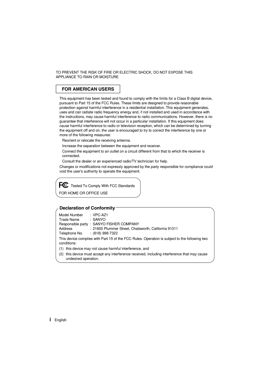 Sanyo VPC-AZ1E instruction manual For American Users, Declaration of Conformity 