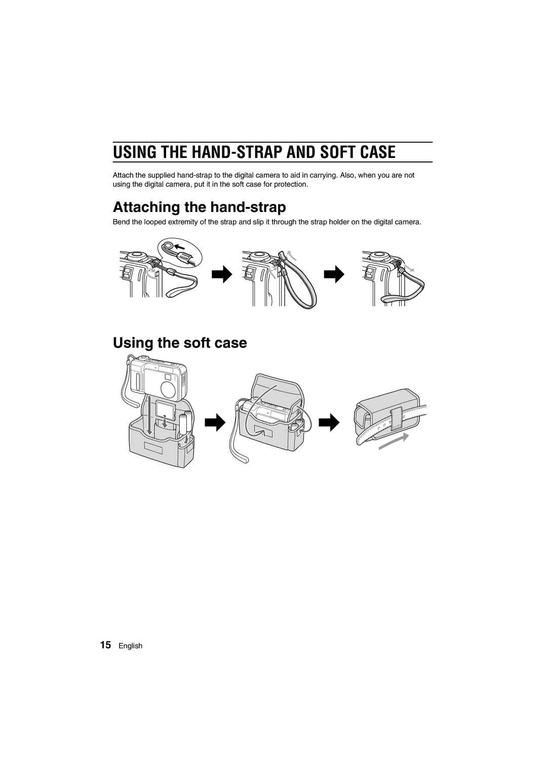 Sanyo VPC-AZ1E instruction manual Using the HAND-STRAP and Soft Case, Attaching the hand-strap, Using the soft case 