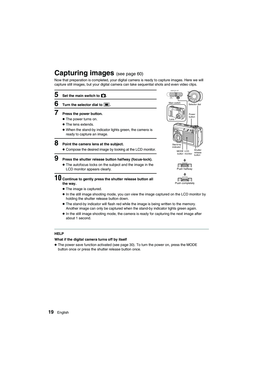 Sanyo VPC-AZ1 Capturing images see, Point the camera lens at the subject, What if the digital camera turns off by itself 