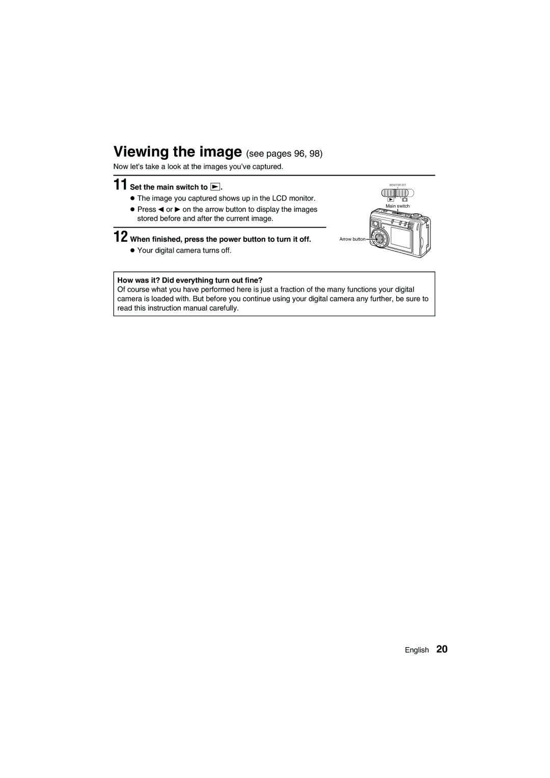 Sanyo VPC-AZ1E Viewing the image see pages 96, Set the main switch to Ô, How was it? Did everything turn out fine? 