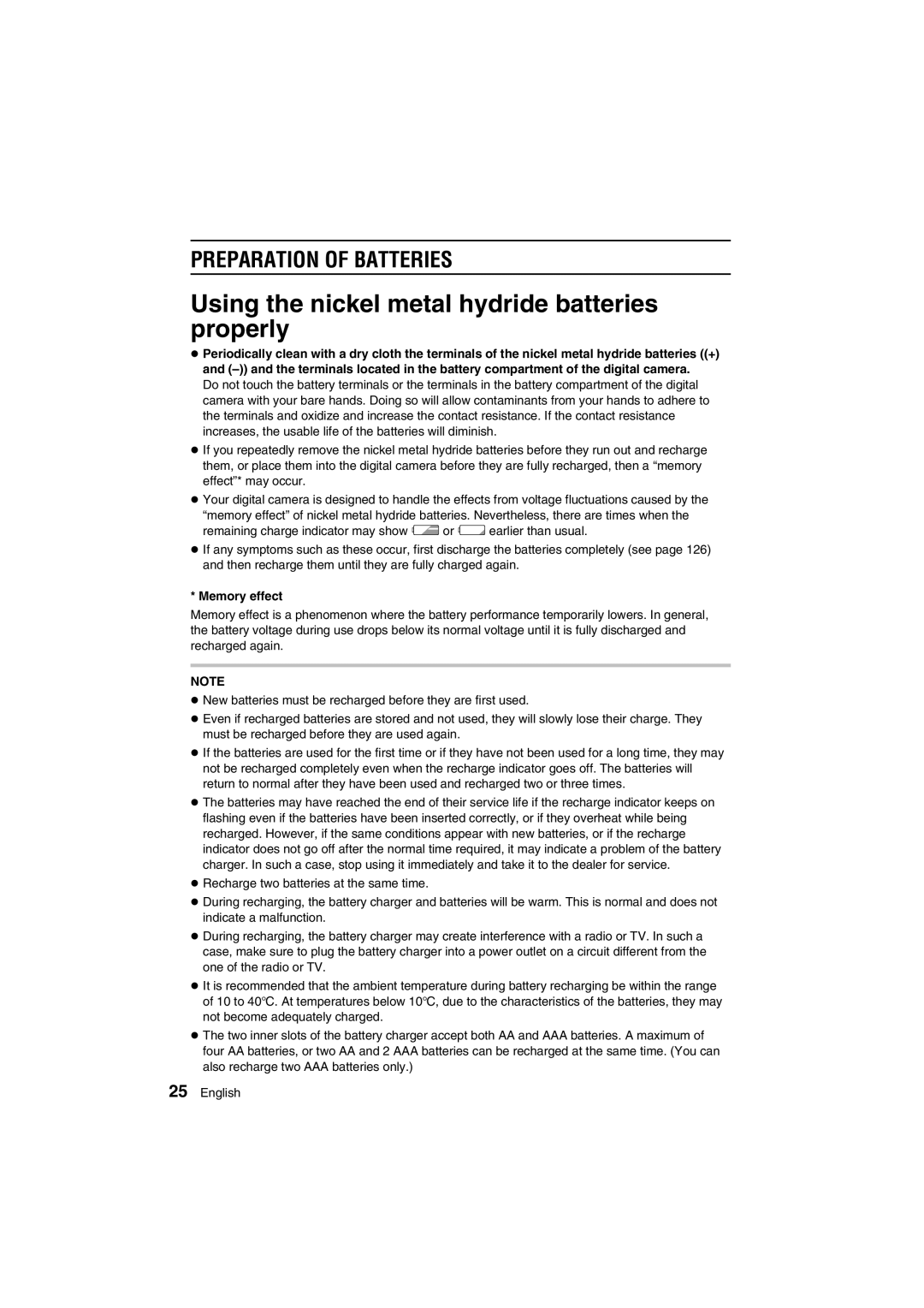 Sanyo VPC-AZ1E Using the nickel metal hydride batteries properly, Preparation of Batteries, Memory effect 
