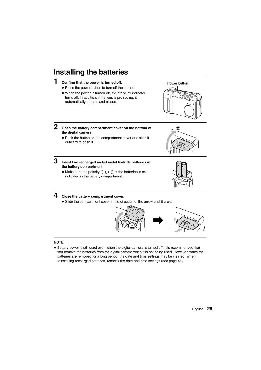 Sanyo VPC-AZ1E Installing the batteries, Confirm that the power is turned off, Close the battery compartment cover 