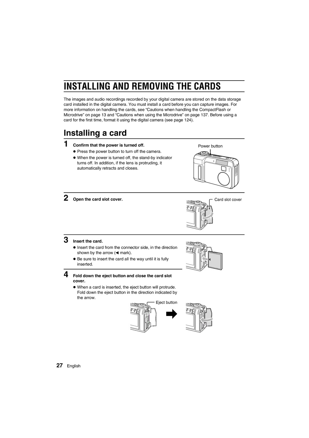 Sanyo VPC-AZ1E instruction manual Installing and Removing the Cards, Installing a card, Open the card slot cover 