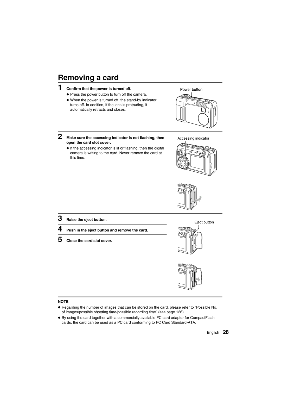 Sanyo VPC-AZ1E Removing a card, Make sure the accessing indicator is not flashing, then, Raise the eject button 