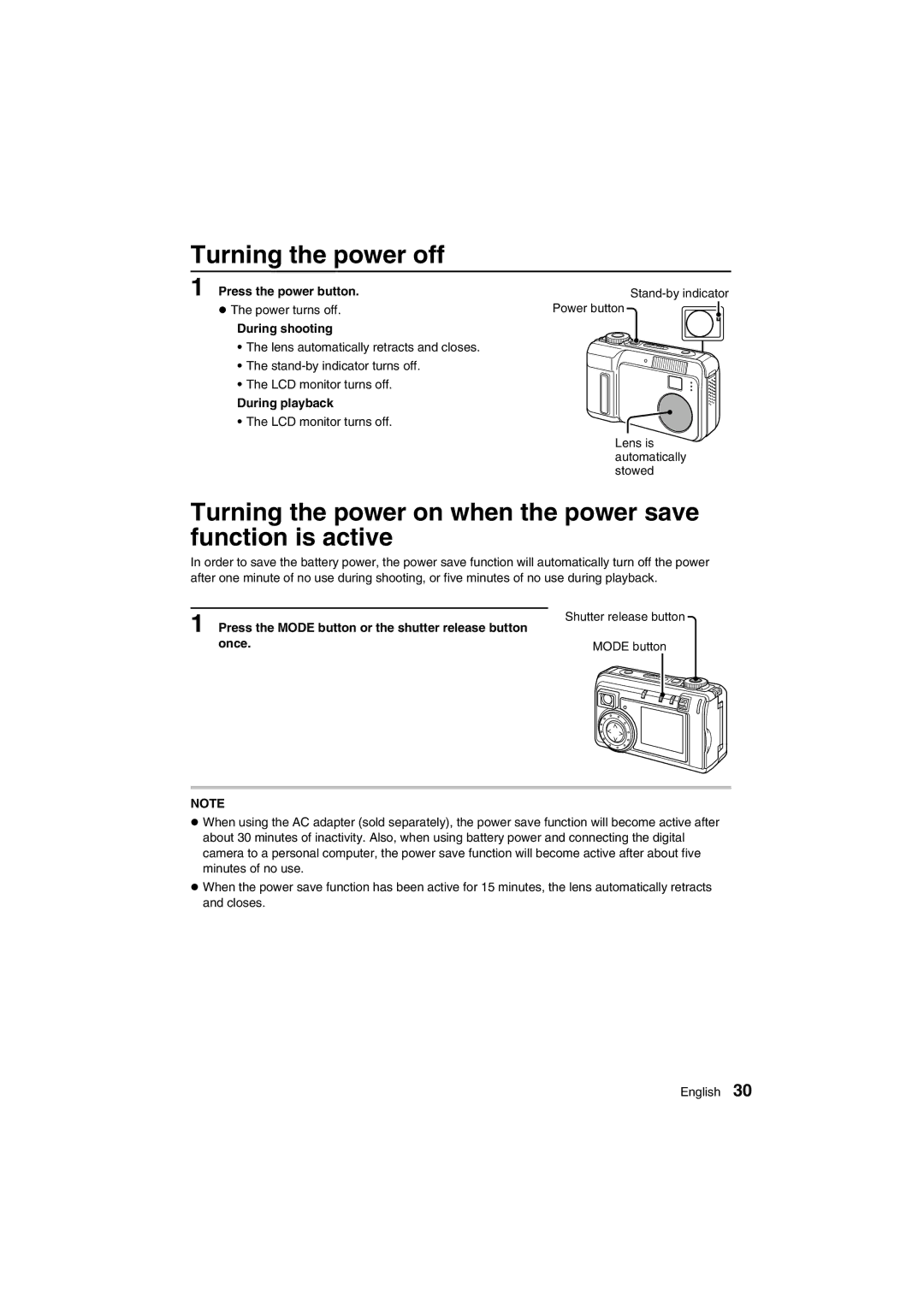Sanyo VPC-AZ1E instruction manual Turning the power off, Turning the power on when the power save function is active 