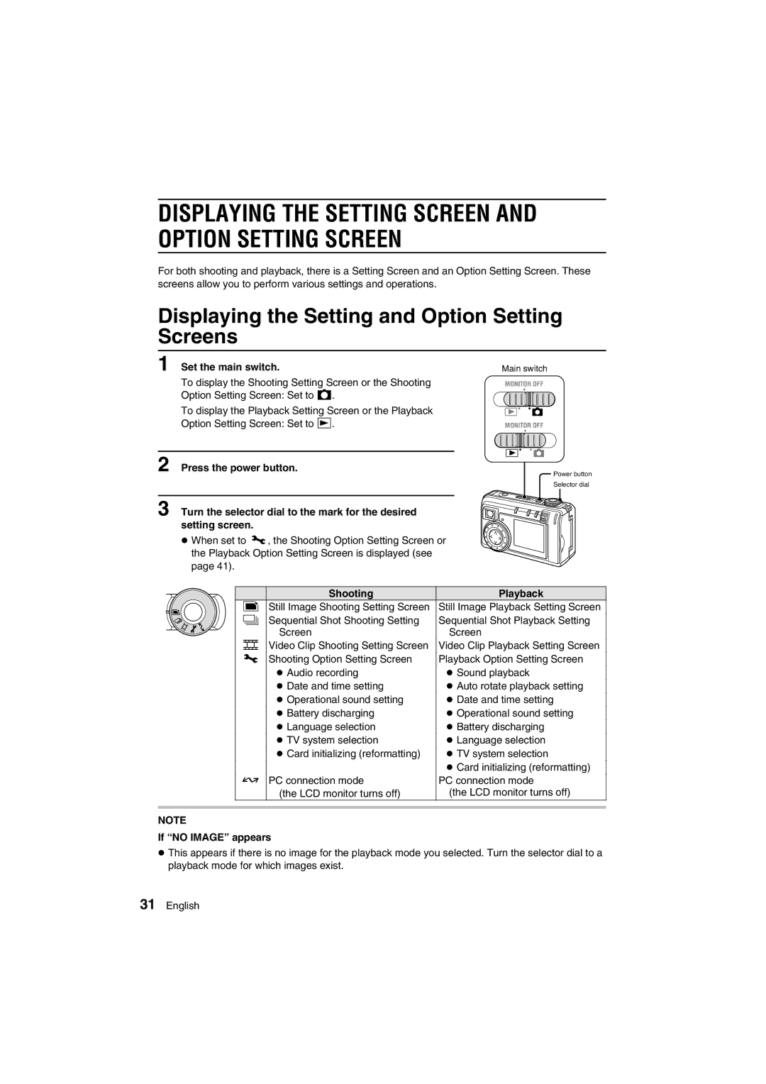 Sanyo VPC-AZ1E Displaying the Setting and Option Setting Screens, Set the main switch, Shooting Playback 