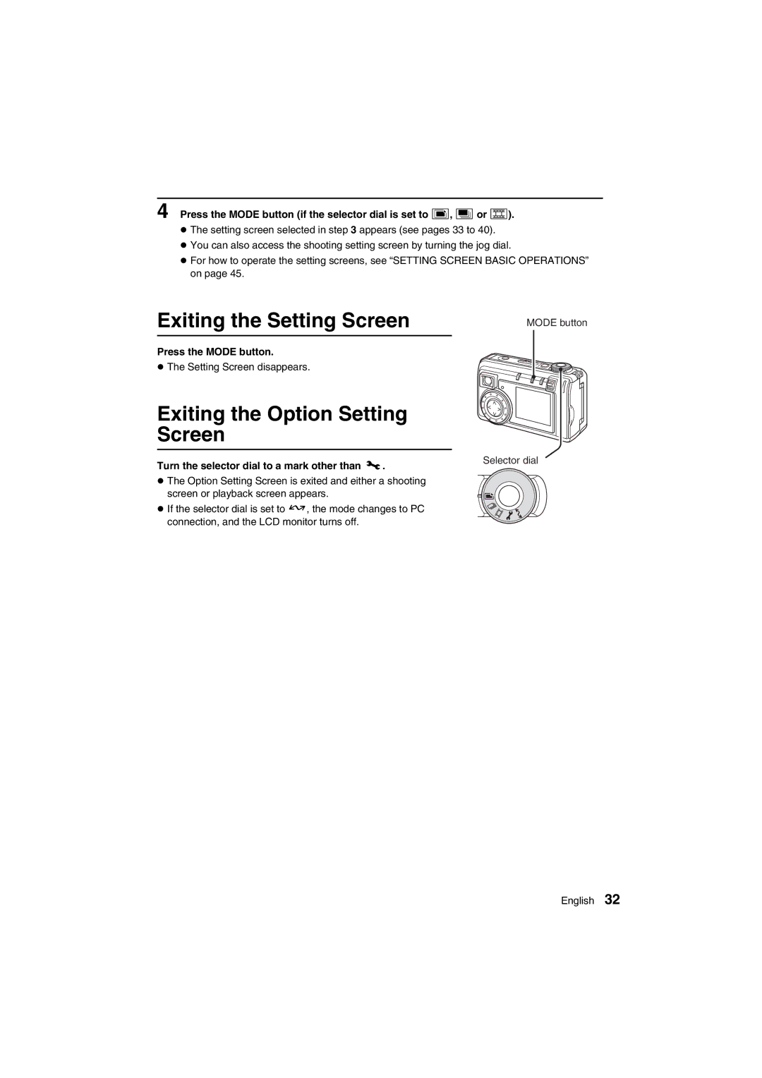 Sanyo VPC-AZ1E instruction manual Exiting the Setting Screen, Exiting the Option Setting Screen, Press the Mode button 