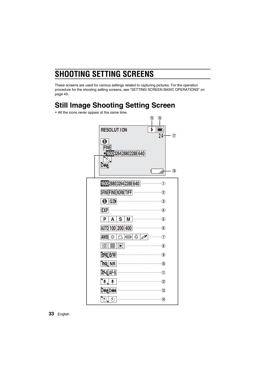 Sanyo VPC-AZ1E instruction manual Shooting Setting Screens, Still Image Shooting Setting Screen, Resolution 