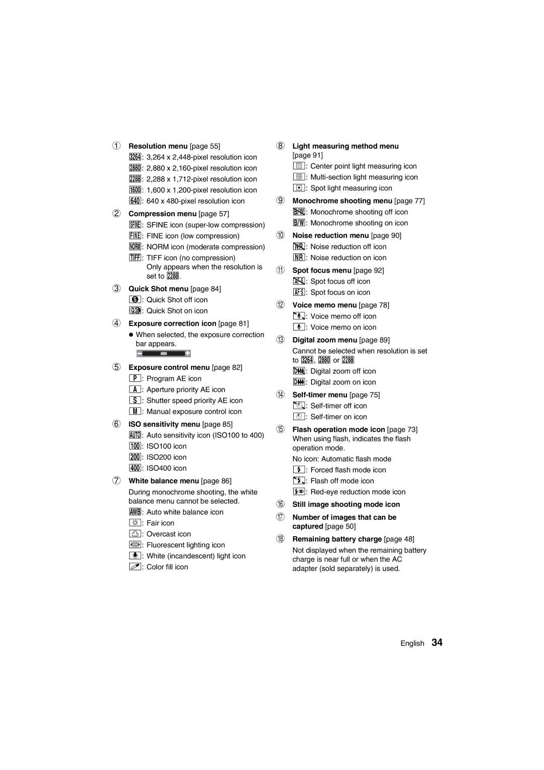 Sanyo VPC-AZ1E Resolution menu, Compression menu, Quick Shot menu, Exposure correction icon, Exposure control menu 