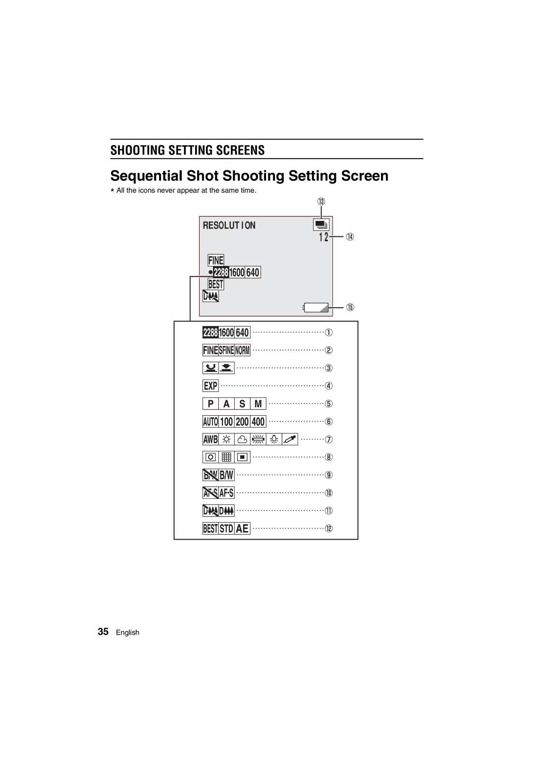 Sanyo VPC-AZ1E instruction manual Sequential Shot Shooting Setting Screen, Shooting Setting Screens 