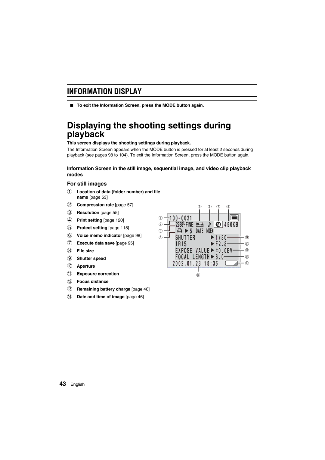 Sanyo VPC-AZ1 Displaying the shooting settings during playback, Information Display, For still images, Value, Focal 