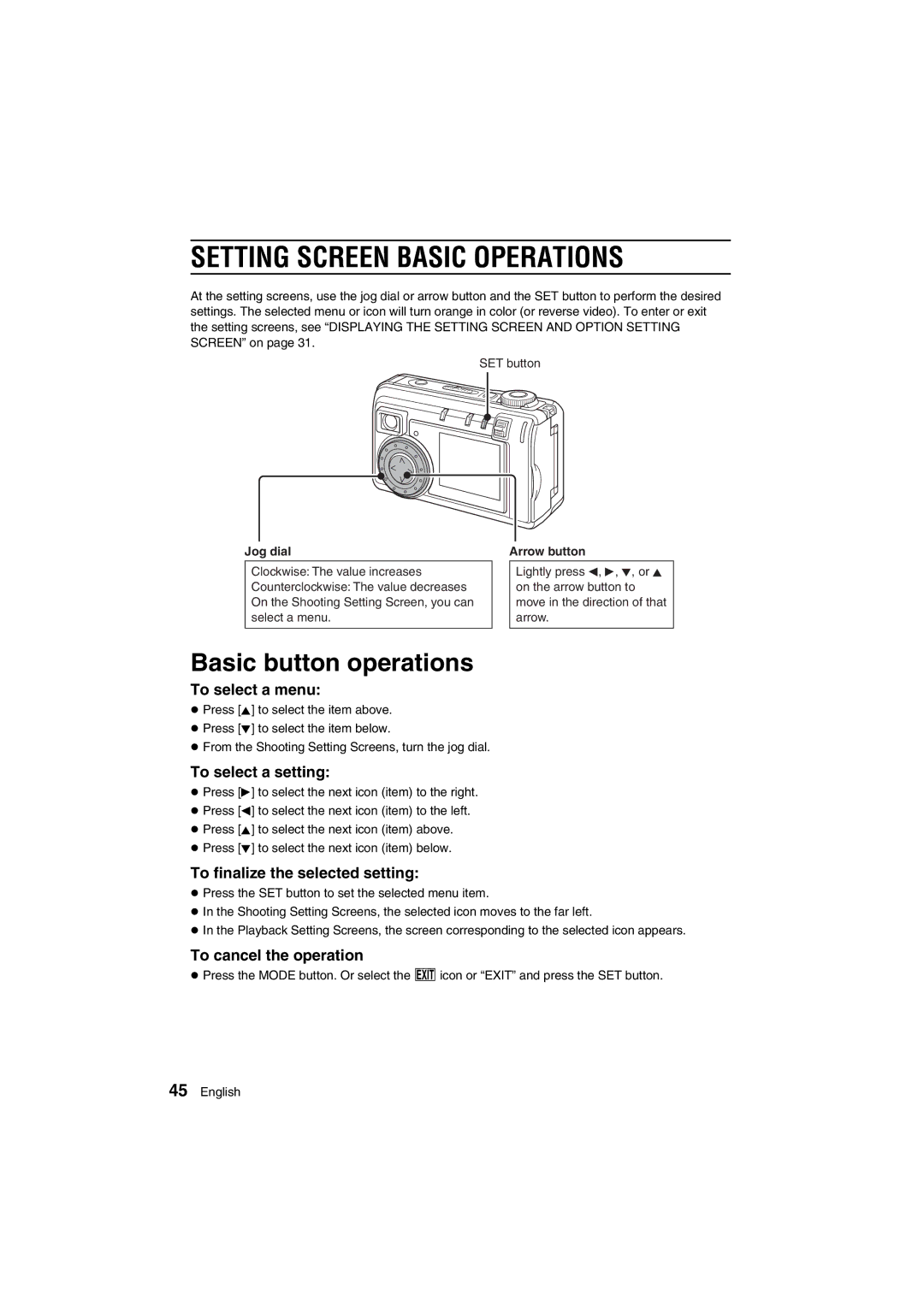 Sanyo VPC-AZ1E instruction manual Setting Screen Basic Operations, Basic button operations 