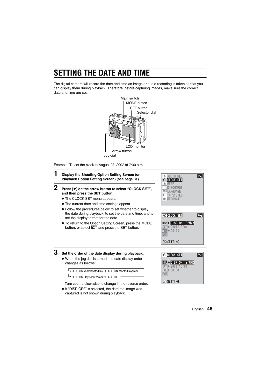 Sanyo VPC-AZ1E instruction manual Setting the Date and Time, Clock SET, Set the order of the date display during playback 