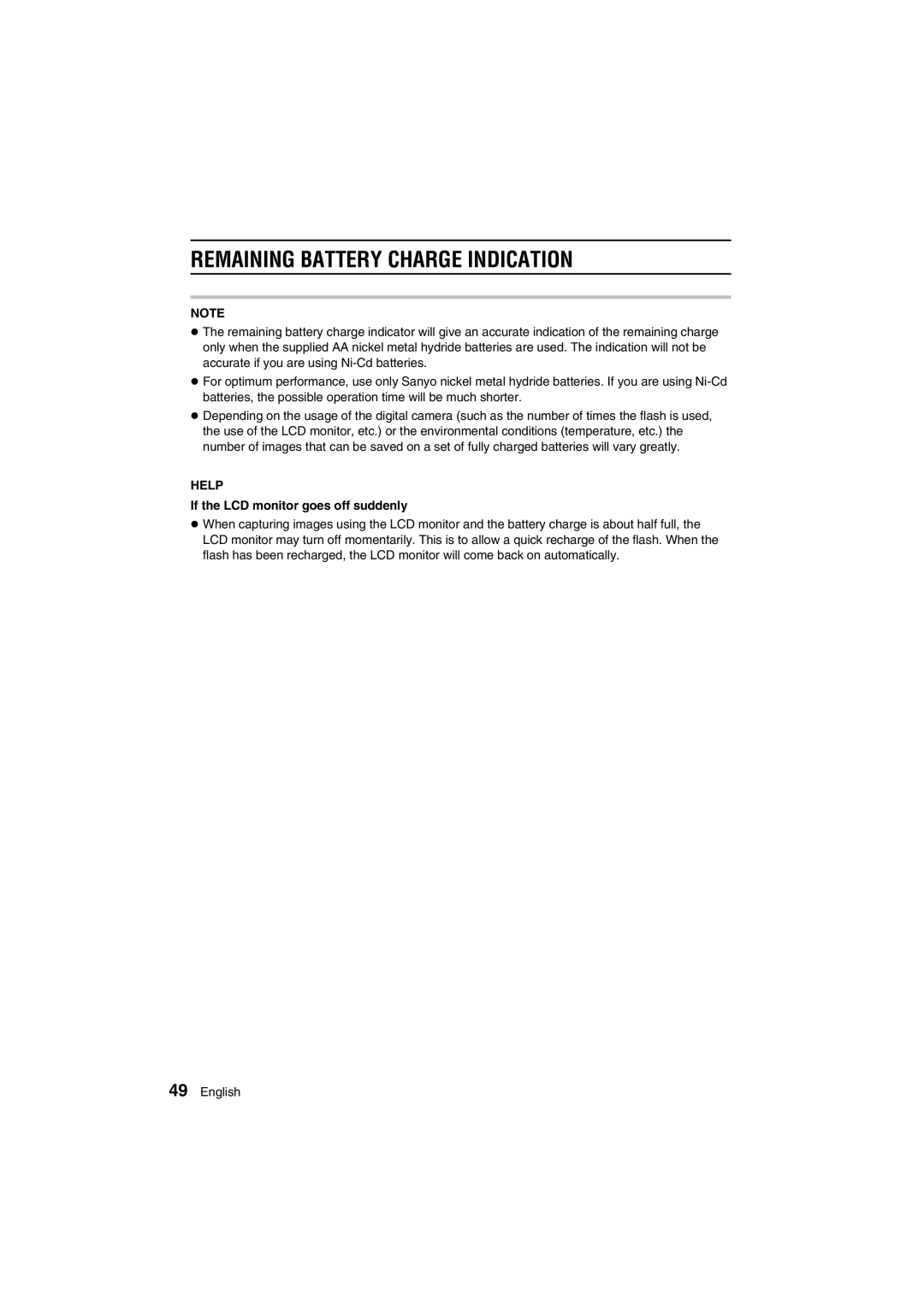 Sanyo VPC-AZ1E instruction manual Remaining Battery Charge Indication, If the LCD monitor goes off suddenly 