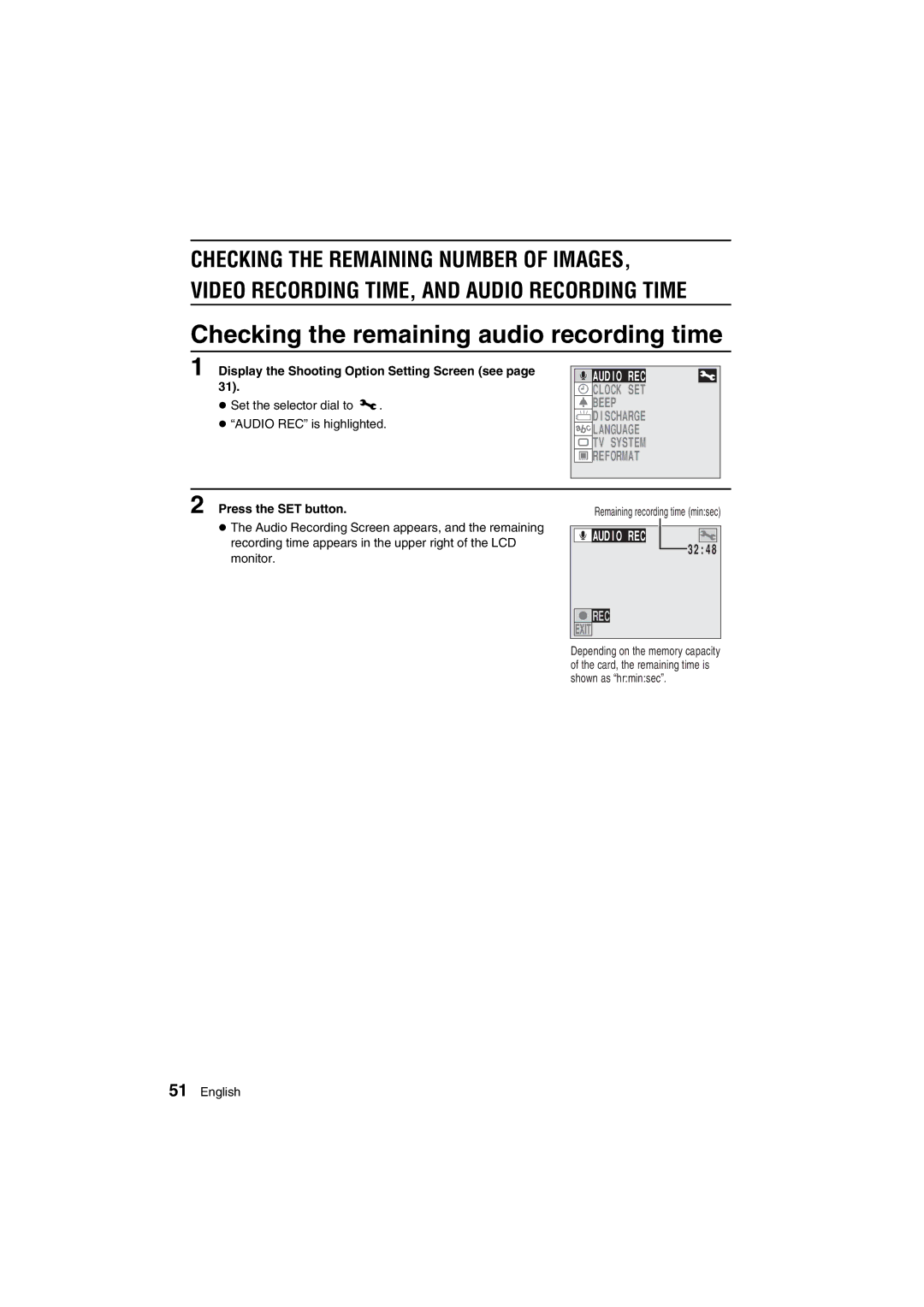 Sanyo VPC-AZ1 Checking the remaining audio recording time, Audio REC, Display the Shooting Option Setting Screen see 
