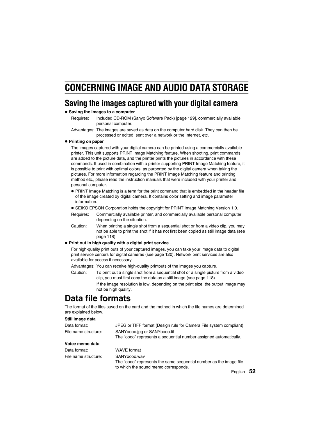 Sanyo VPC-AZ1E instruction manual Data file formats 