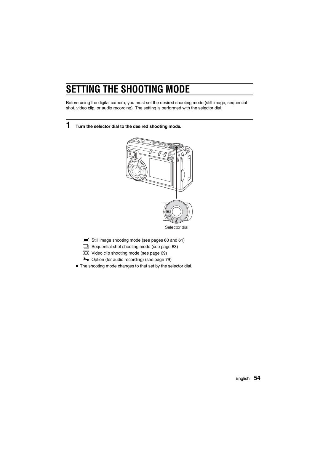 Sanyo VPC-AZ1E instruction manual Setting the Shooting Mode, Turn the selector dial to the desired shooting mode 