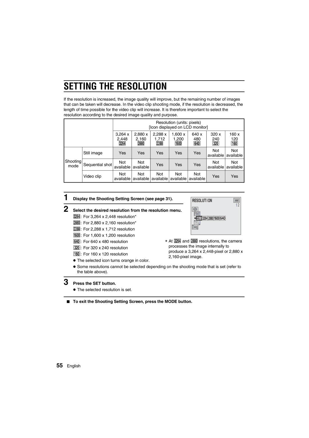 Sanyo VPC-AZ1E instruction manual Setting the Resolution, Display the Shooting Setting Screen see 