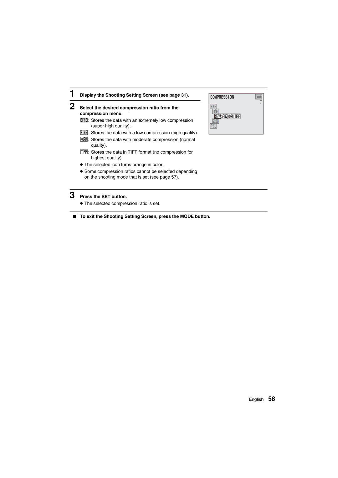 Sanyo VPC-AZ1E instruction manual Compression, Press the SET button 