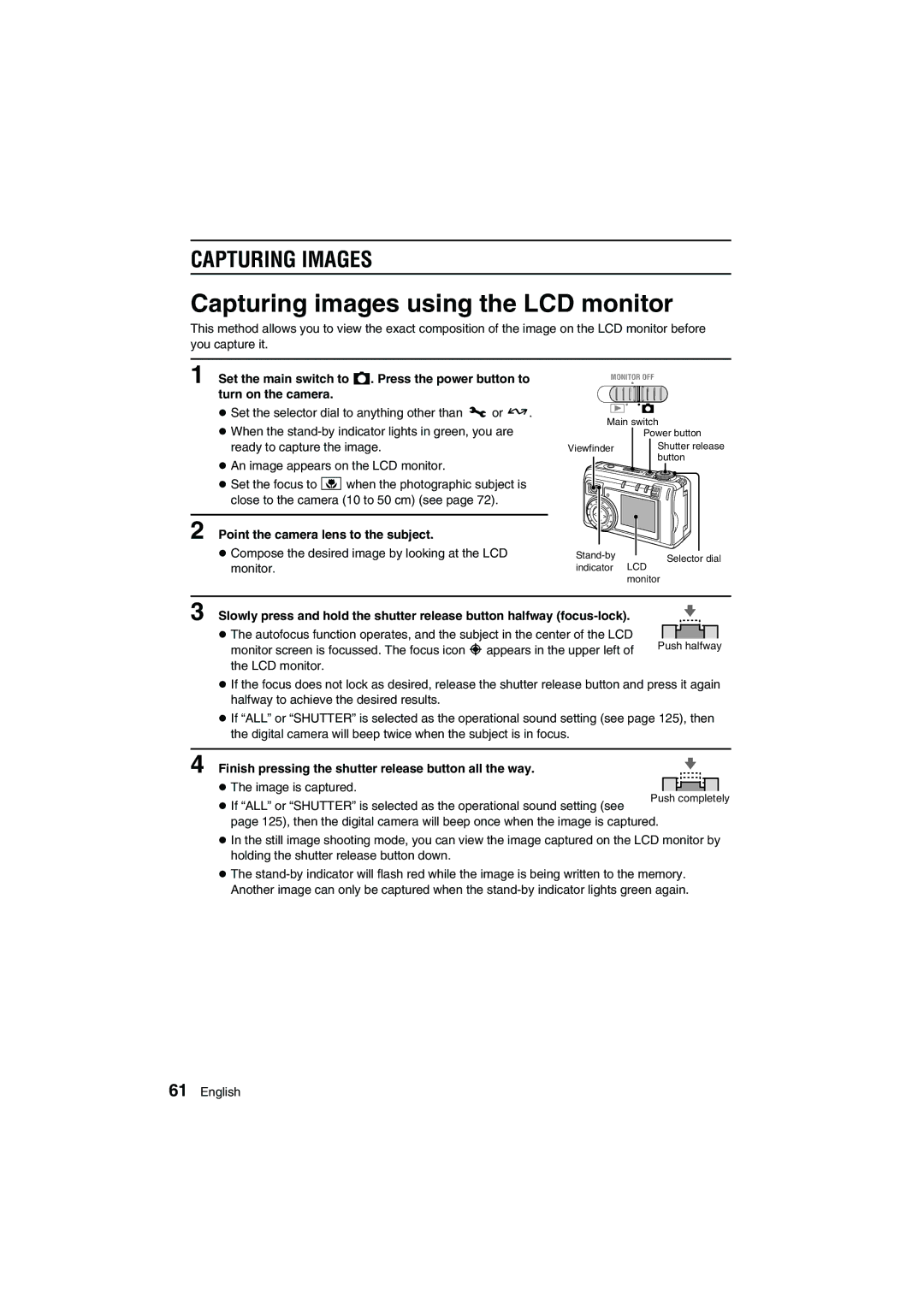 Sanyo VPC-AZ1E Capturing images using the LCD monitor, Capturing Images, Point the camera lens to the subject 