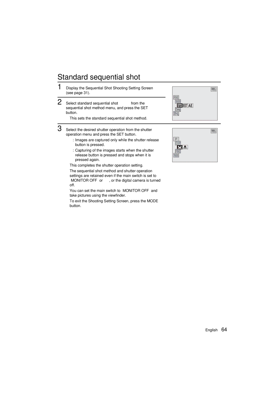 Sanyo VPC-AZ1E Standard sequential shot Ö, Method, Shutter, Display the Sequential Shot Shooting Setting Screen 