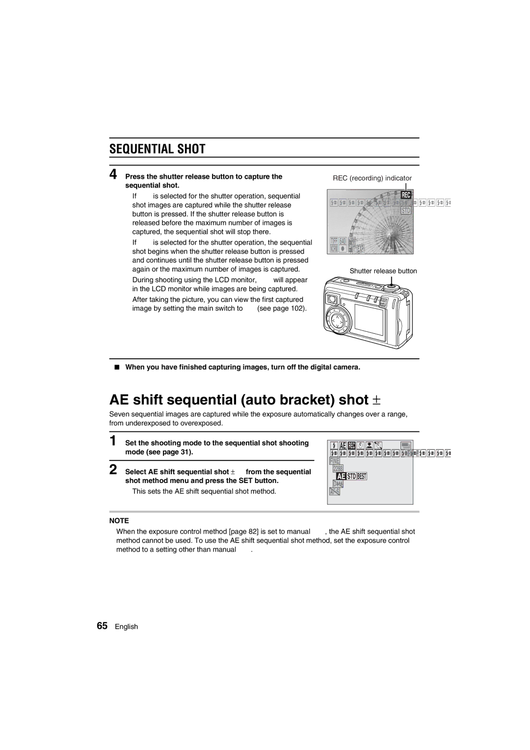 Sanyo VPC-AZ1E instruction manual AE shift sequential auto bracket shot a, Sequential Shot 