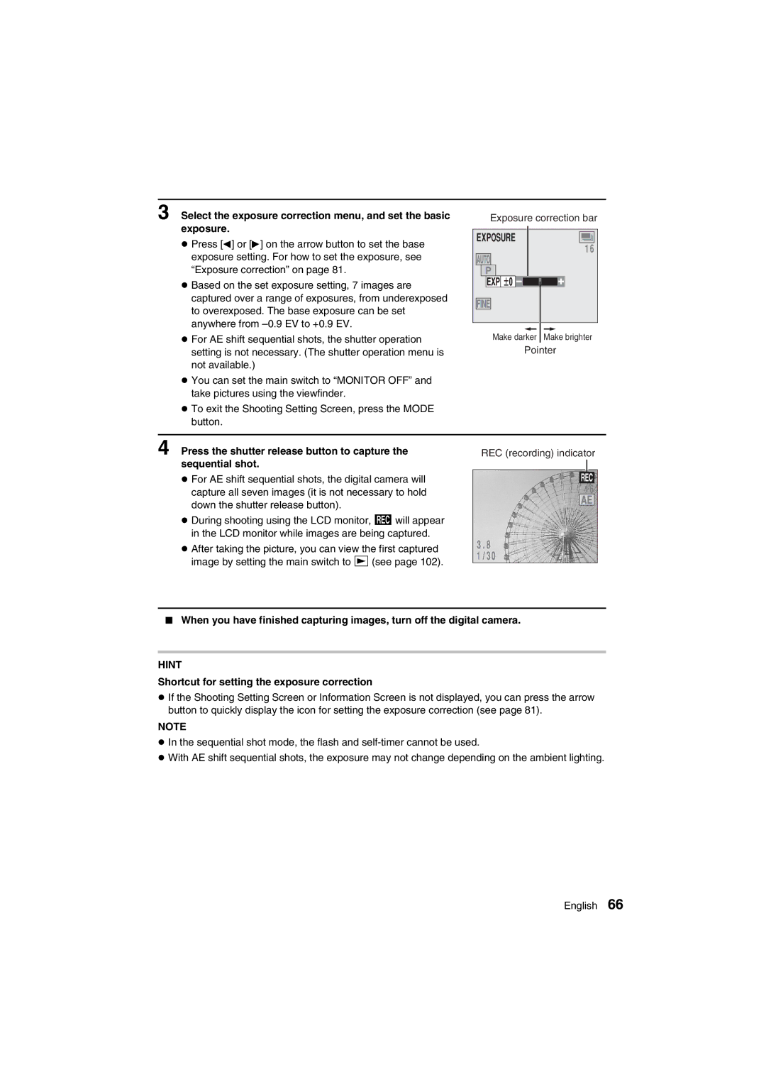 Sanyo VPC-AZ1E instruction manual Exposure, Shortcut for setting the exposure correction 