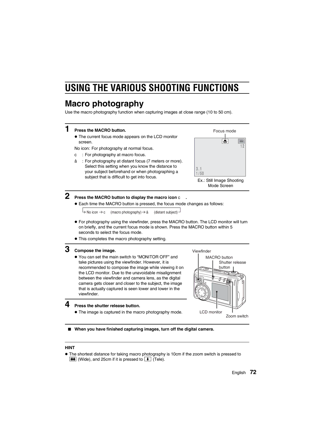 Sanyo VPC-AZ1E Macro photography, Press the Macro button to display the macro icon c, Compose the image 