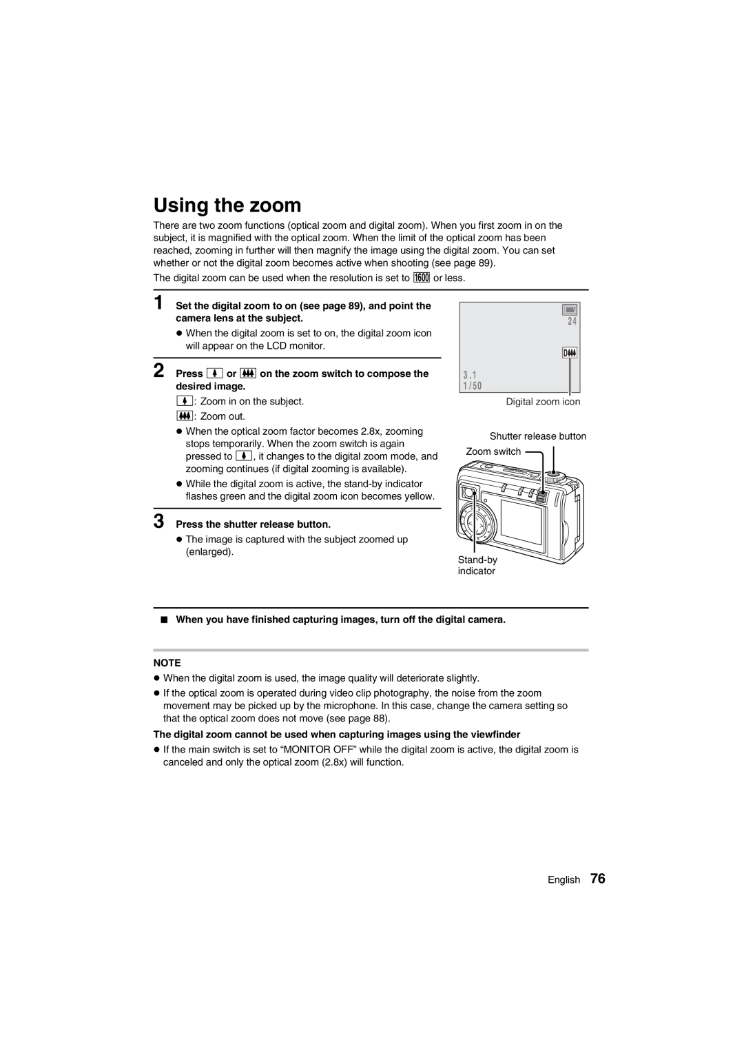 Sanyo VPC-AZ1E instruction manual Using the zoom, Press 0or 1on the zoom switch to compose the desired image 