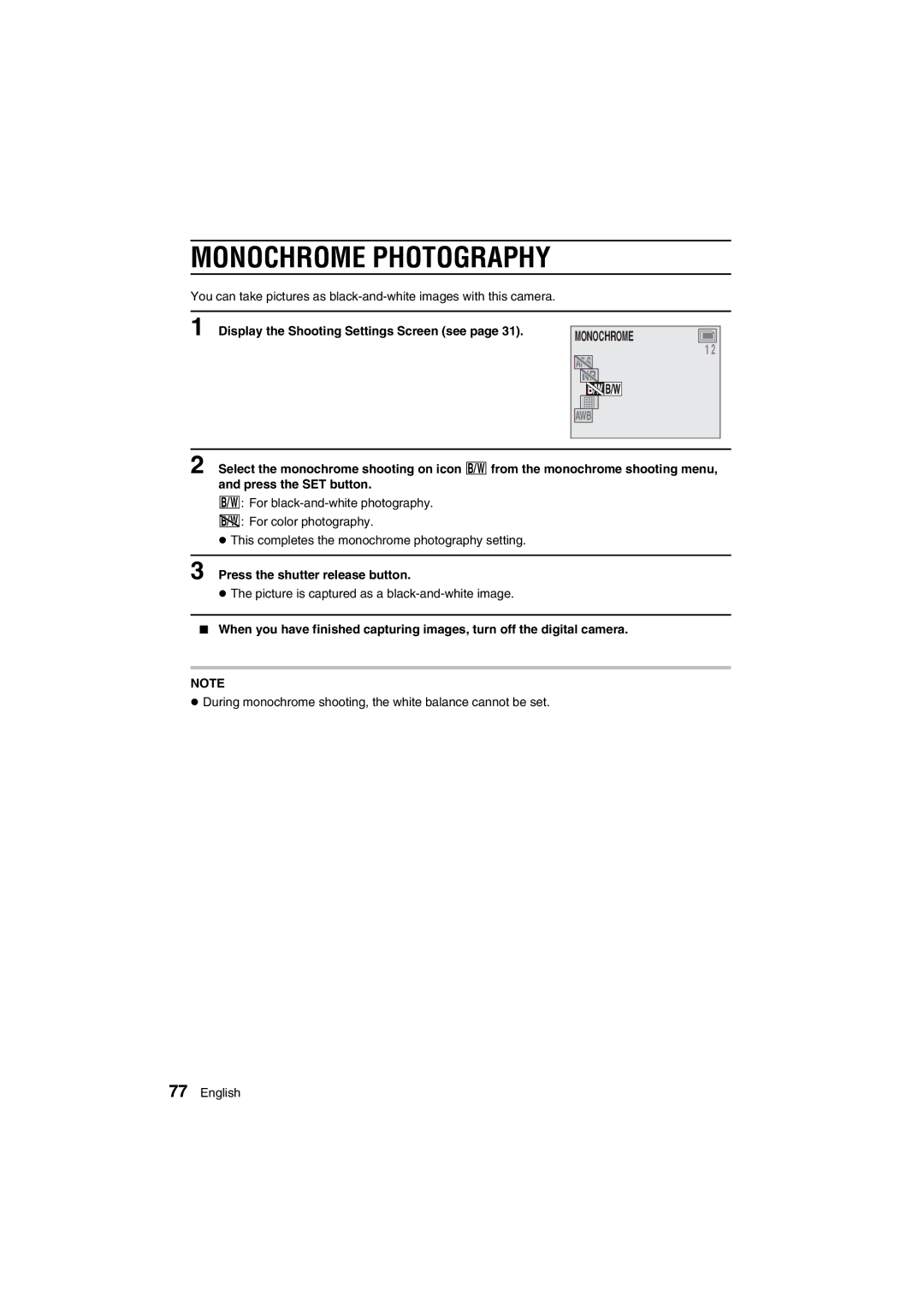 Sanyo VPC-AZ1E instruction manual Monochrome Photography, Display the Shooting Settings Screen see 