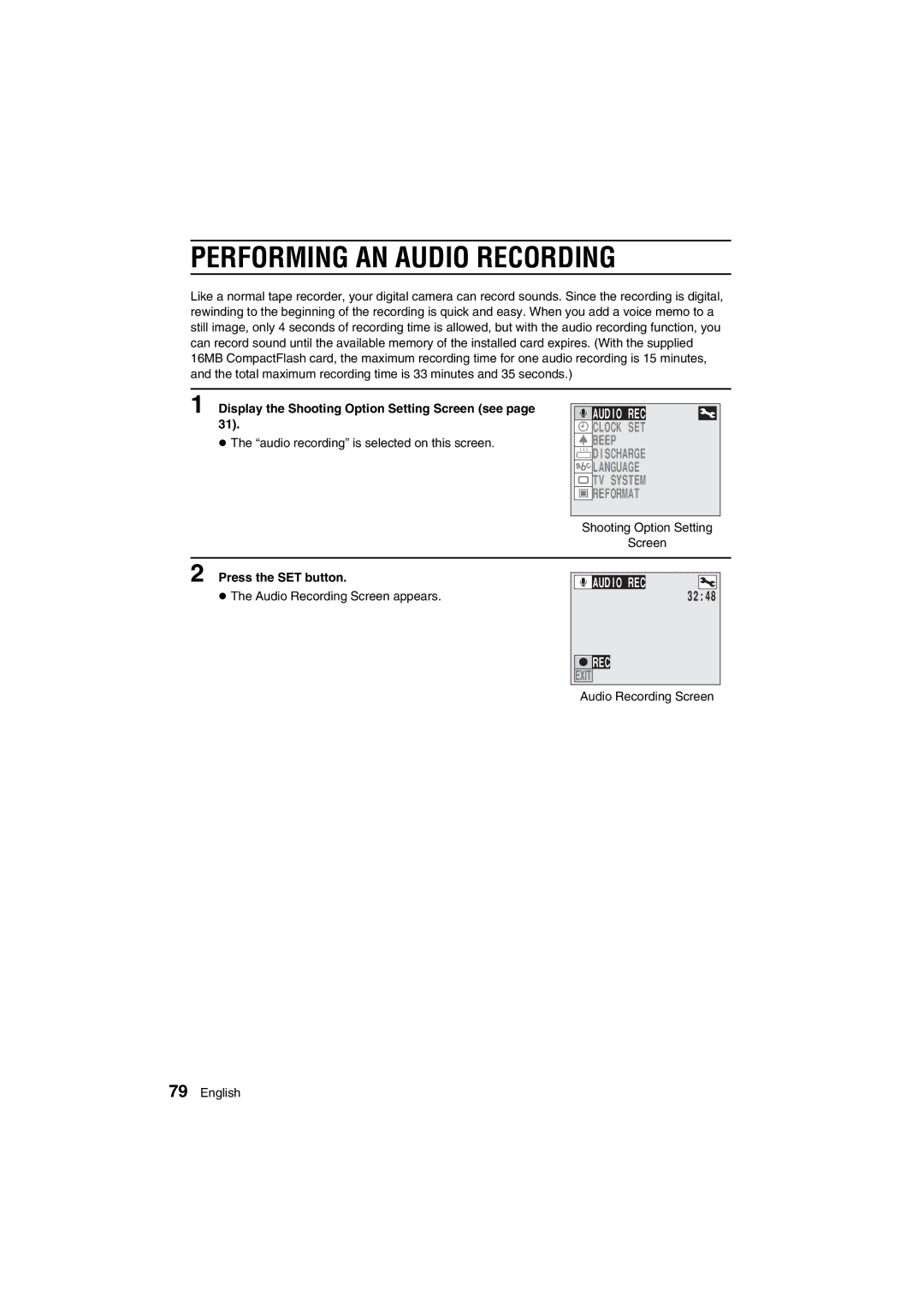 Sanyo VPC-AZ1E instruction manual Performing AN Audio Recording 