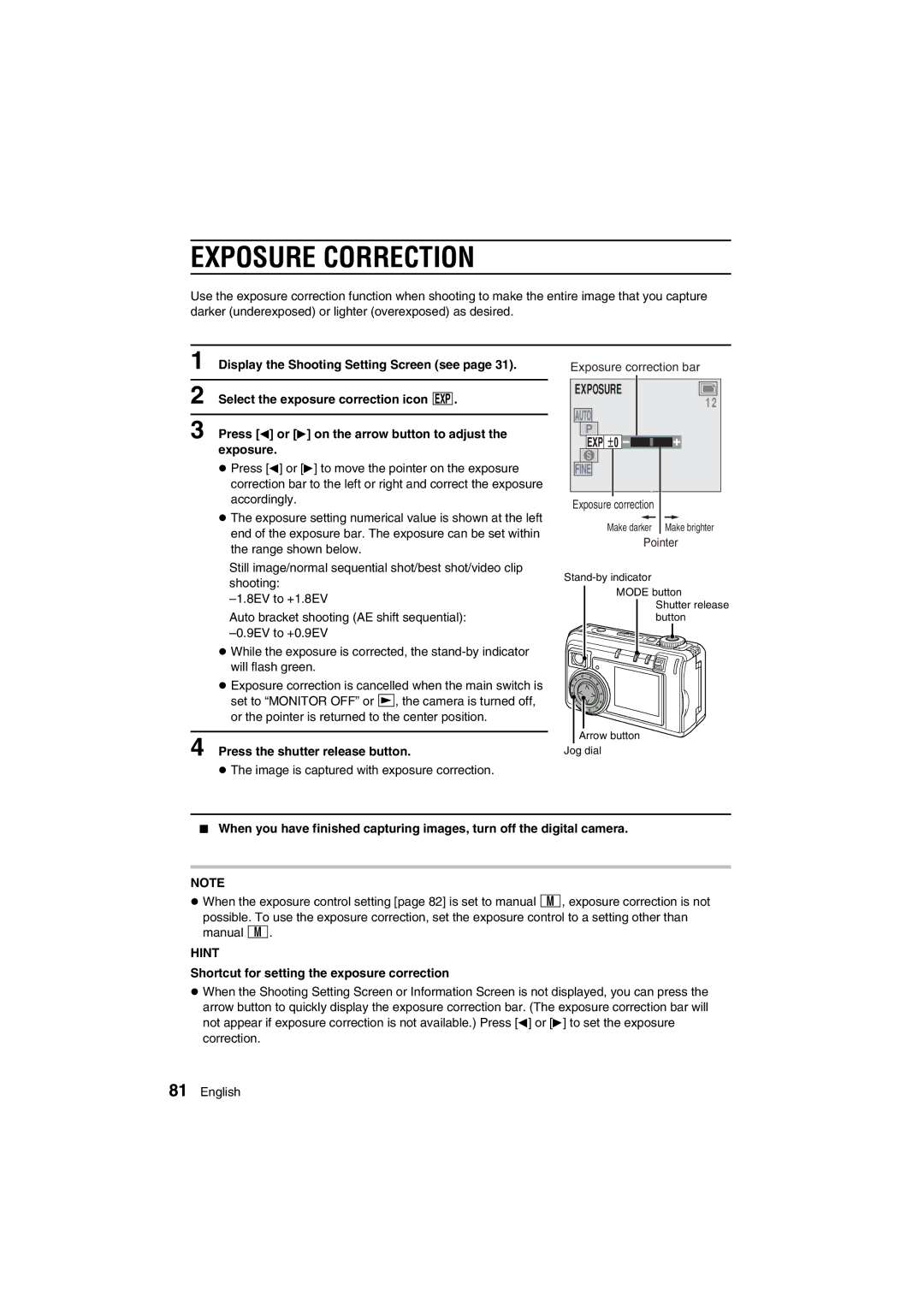 Sanyo VPC-AZ1E instruction manual Exposure Correction, Press the shutter release button 