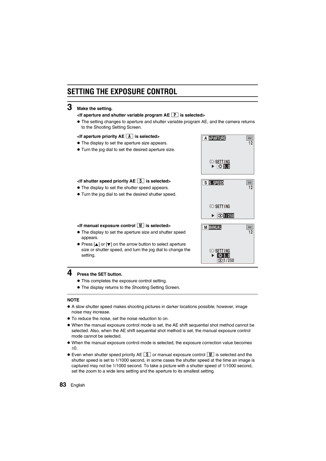 Sanyo VPC-AZ1 Setting the Exposure Control, If aperture priority AE Îis selected, If manual exposure control Íis selected 