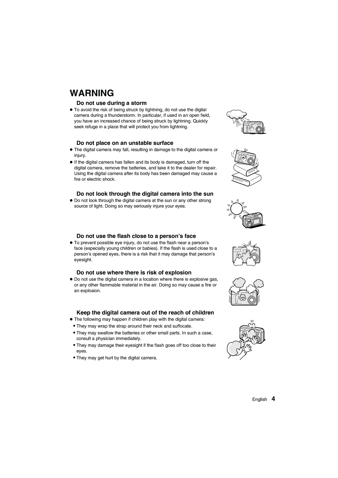 Sanyo VPC-AZ1E Do not use during a storm, Do not place on an unstable surface, Do not use where there is risk of explosion 