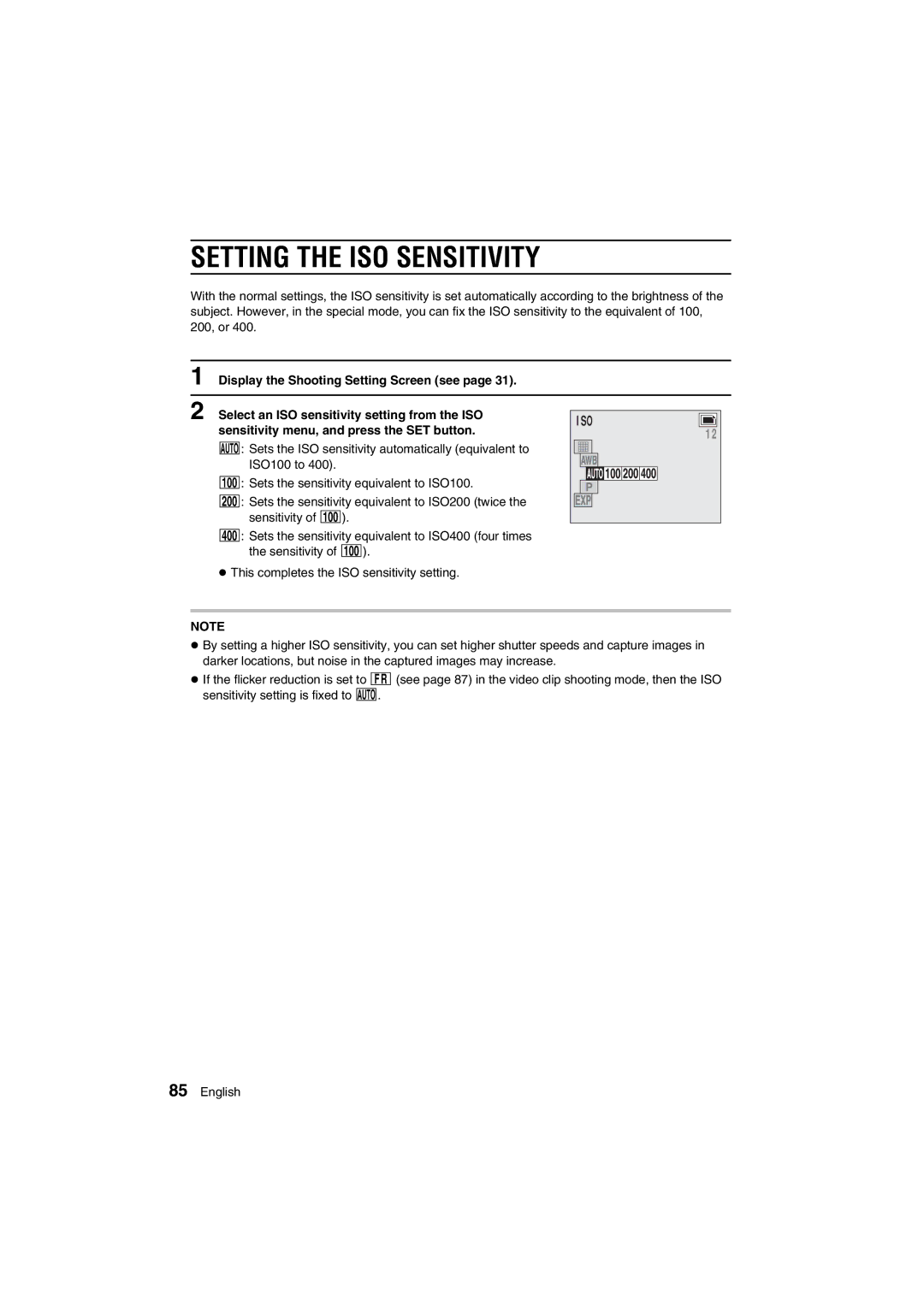 Sanyo VPC-AZ1E instruction manual Setting the ISO Sensitivity, Iso, Sensitivity menu, and press the SET button 